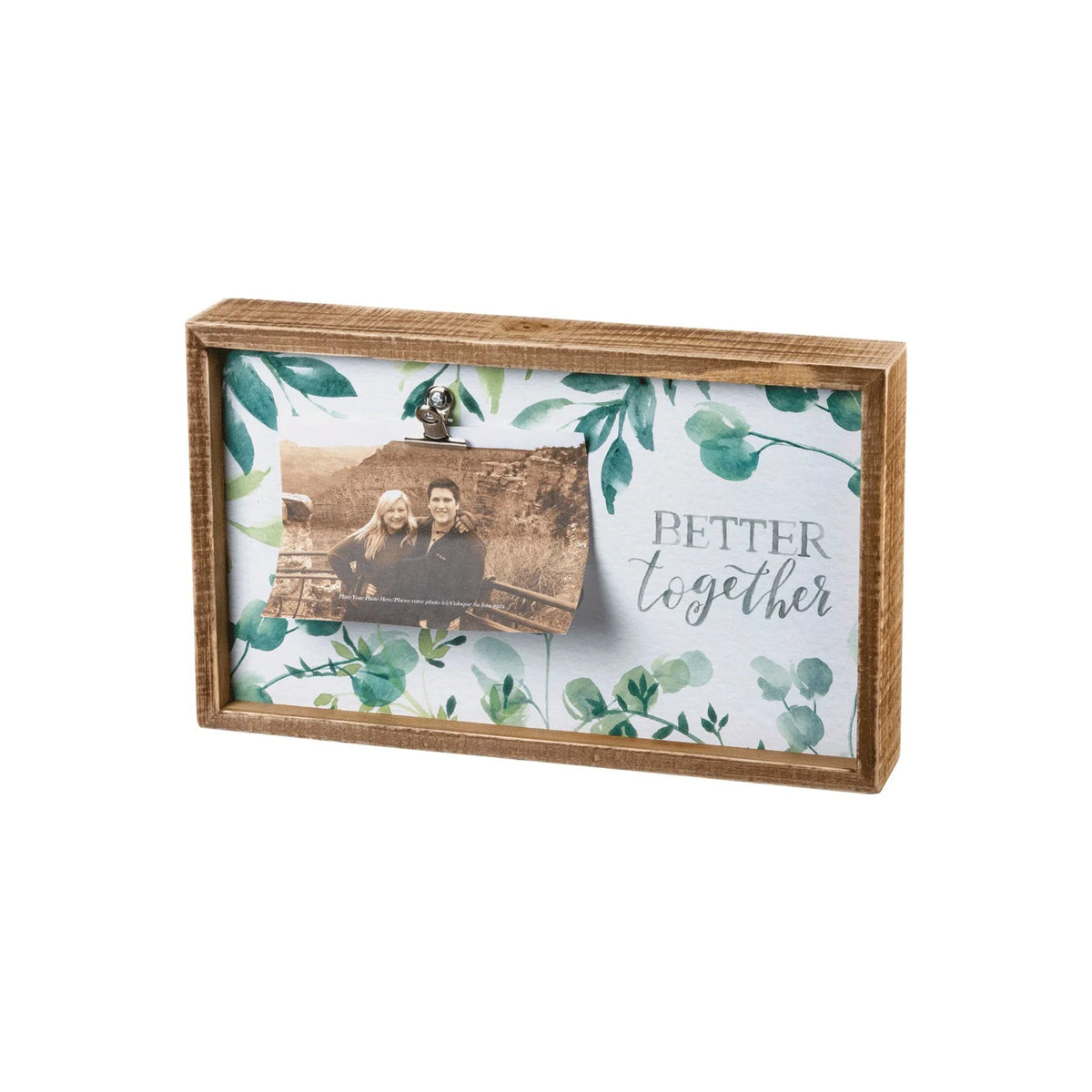 Wooden inset box frame showcasing a photo of a man and a woman together