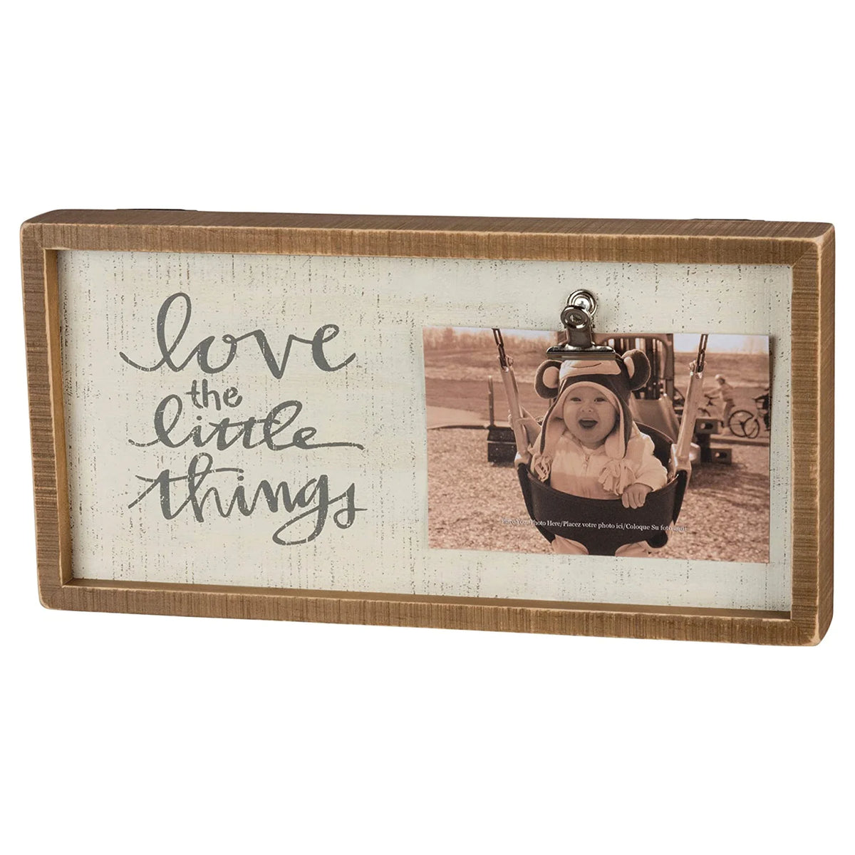 Wooden inset box frame showcasing a picture of a couple celebrating love and memories