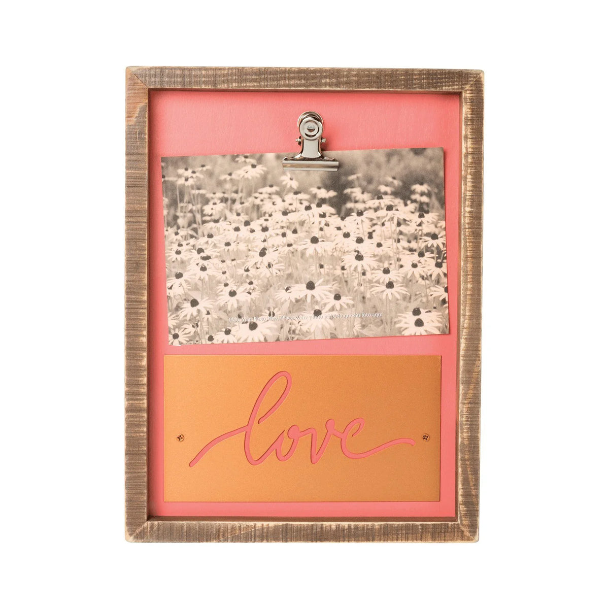 Wooden-framed BOX LOVE PICTURE FRAME with clip holder and love text panel on pink background