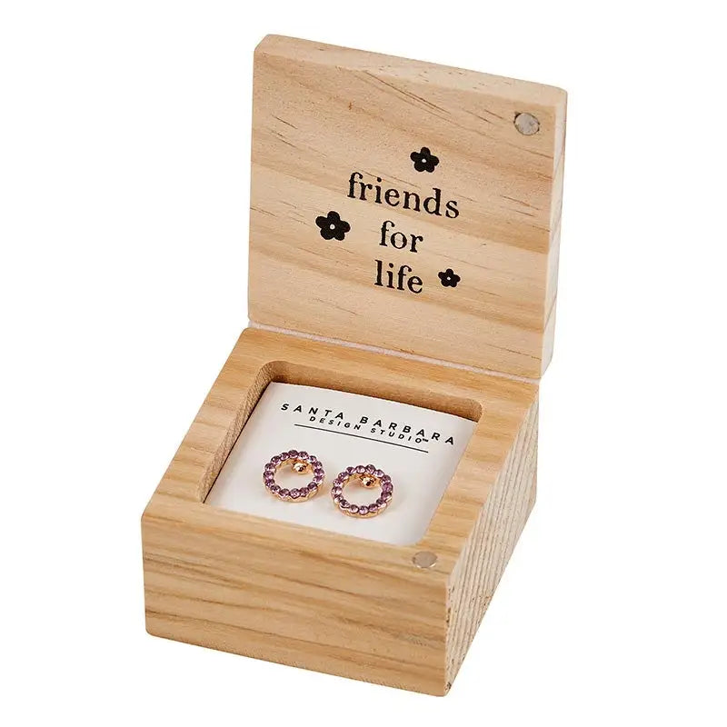 Wooden treasure box containing Sister earrings with Friends for Life engraved lid