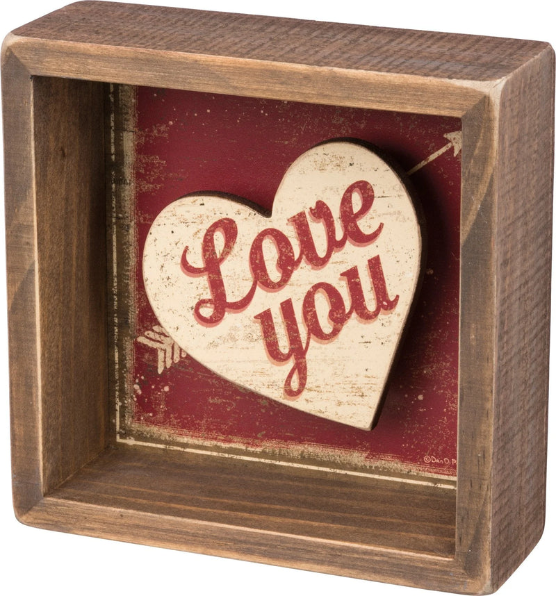 Wooden heart box sign features Love You text in red, ideal for Shop Daisy decor