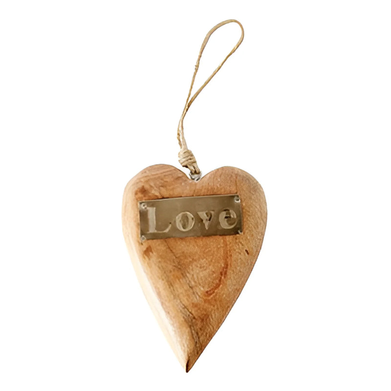 Mango wood hanging heart decor featuring a wooden heart with metal tag