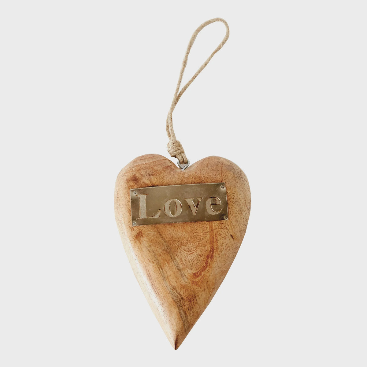 Wooden heart ornament with metal love plaque, perfect for women’s boho chic clothing decor