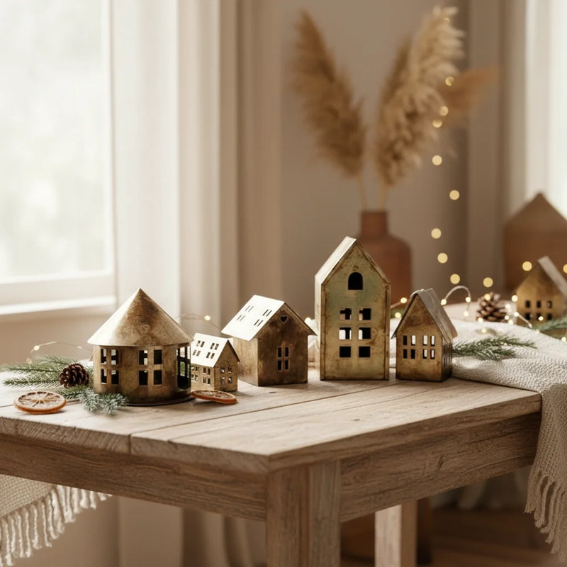 Rustic bohemian metal decorative holiday houses with thatched roofs
