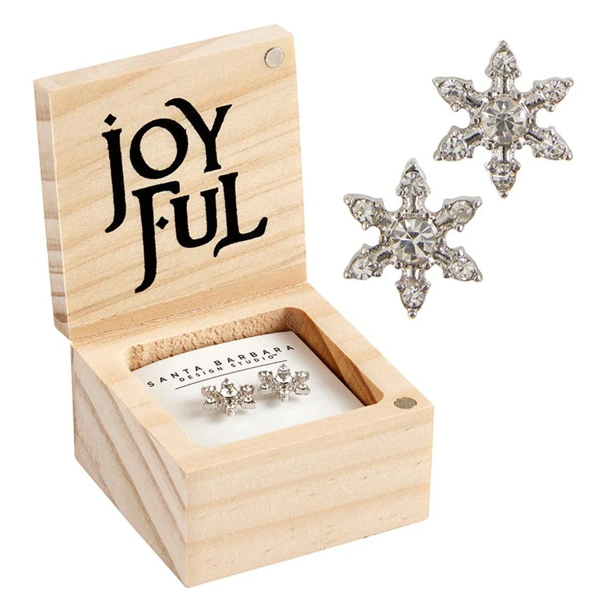 Wooden jewelry box featuring JOYFUL text with sparkly snowflake shaped earrings displayed
