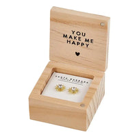 Wooden jewelry box with sunflower earrings and You Make Me Happy engraving for treasure box earrings