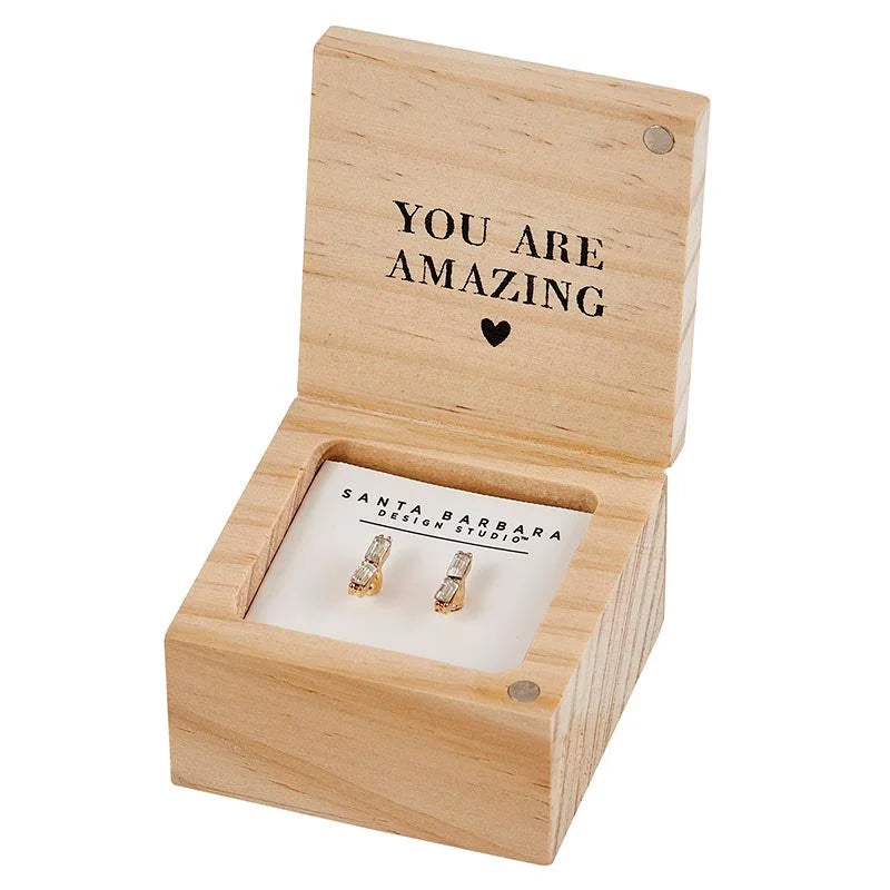 Wooden jewelry box with Best Teacher Ever message and Treasure Box Earrings inside