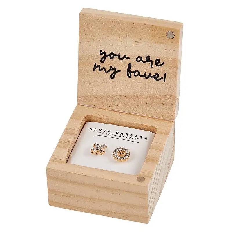 Wooden jewelry box with handwritten message holding TREASURE BOX EARRINGS for besties