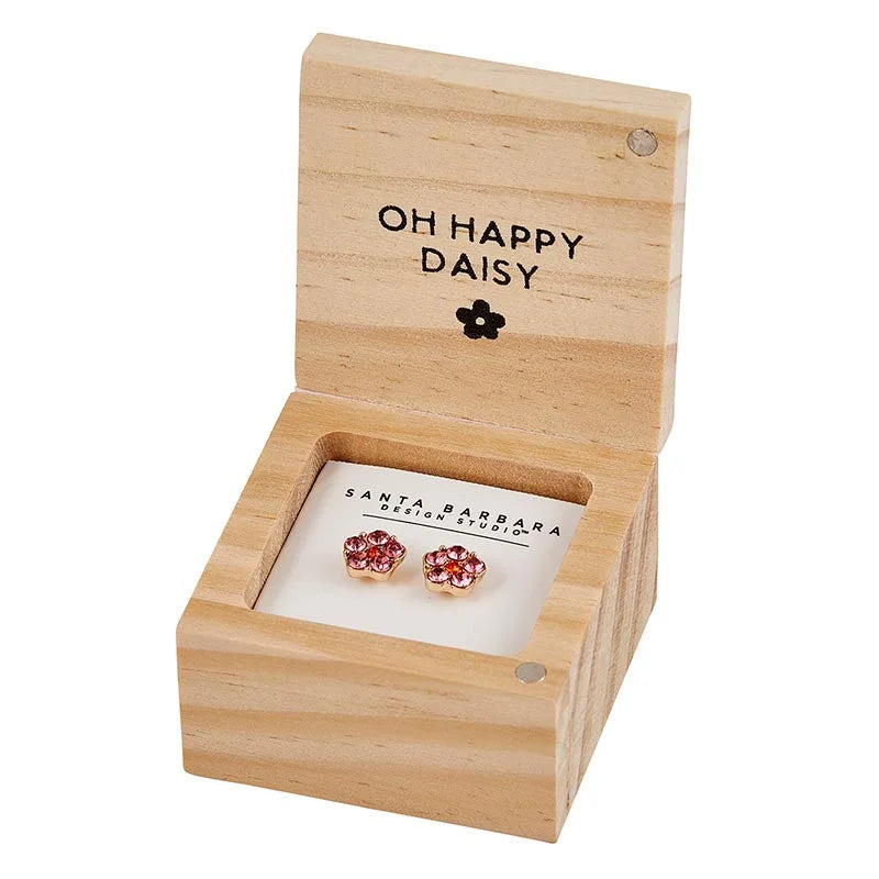 Wooden jewelry box showcasing TREASURE BOX EARRINGS - DAISY with elegant design