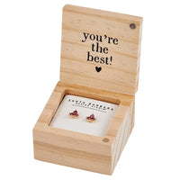 Wooden jewelry box with heartfelt message holding TREASURE BOX EARRINGS - FRIEND inside