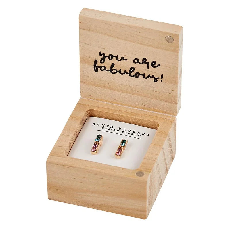 Wooden jewelry box with earrings and You Are Fabulous on the lid - Treasure Box Earrings