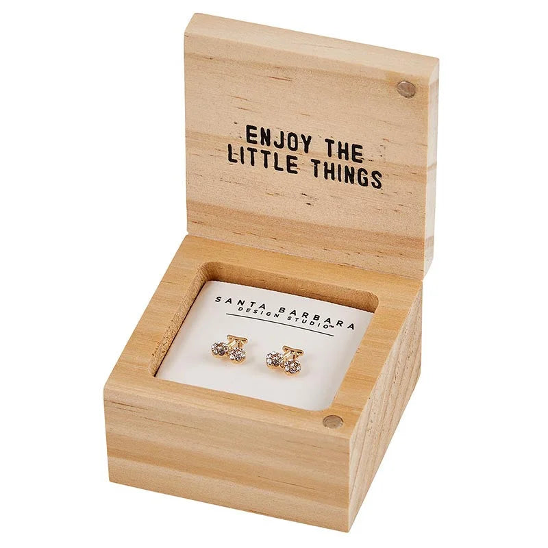 Wooden treasure box earrings with engraved lid saying ENJOY THE LITTLE THINGS