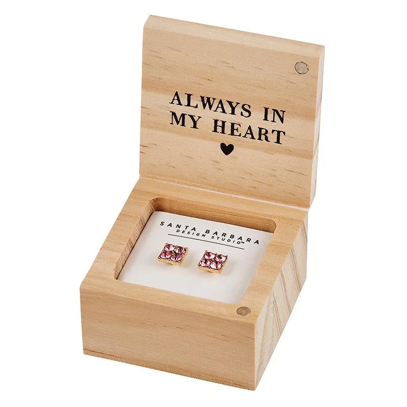 Wooden jewelry box with earrings inside for the Treasure Box Earrings - Love collection