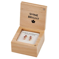 Wooden jewelry box with SHINE BRIGHT engraving and treasure box earrings inside