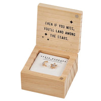 Wooden treasure box earrings featuring an inspirational quote and earrings inside