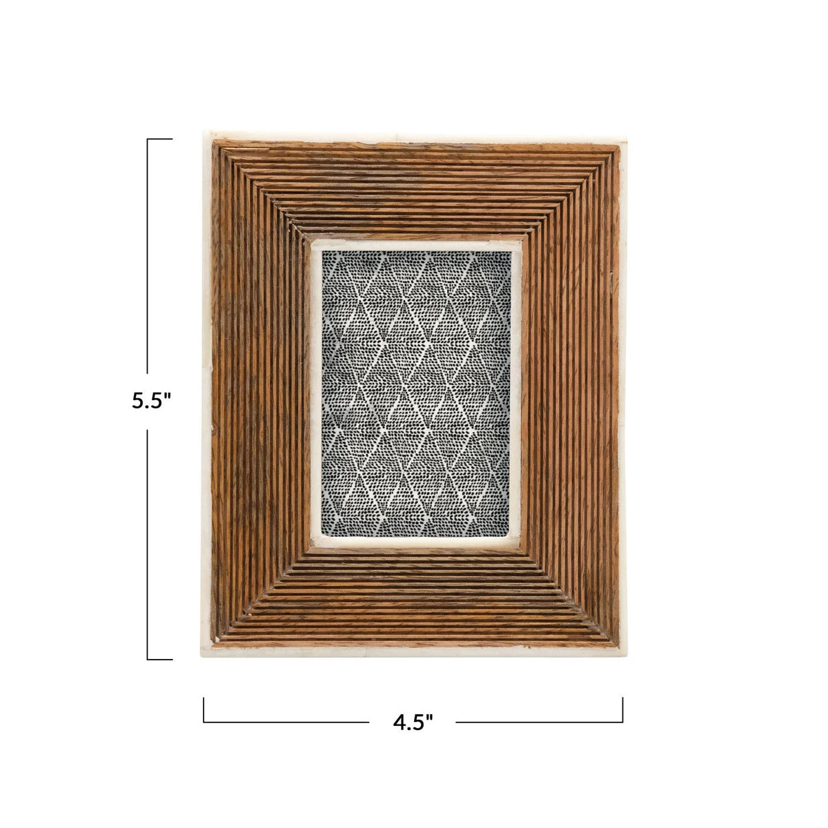 Hand-carved photo frame with bone border and geometric pattern in mango wood