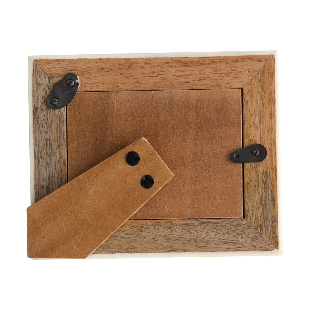 Wooden photo frame with bone border, hinged door, and leather strap closure in Mango Wood