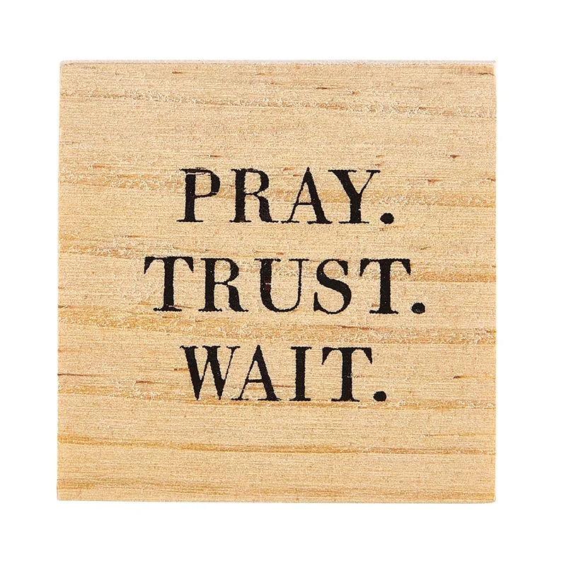 Wooden plaque with PRAY TRUST WAIT engraving for Treasure Box Earrings display