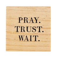 Wooden plaque with PRAY TRUST WAIT engraving for Treasure Box Earrings display