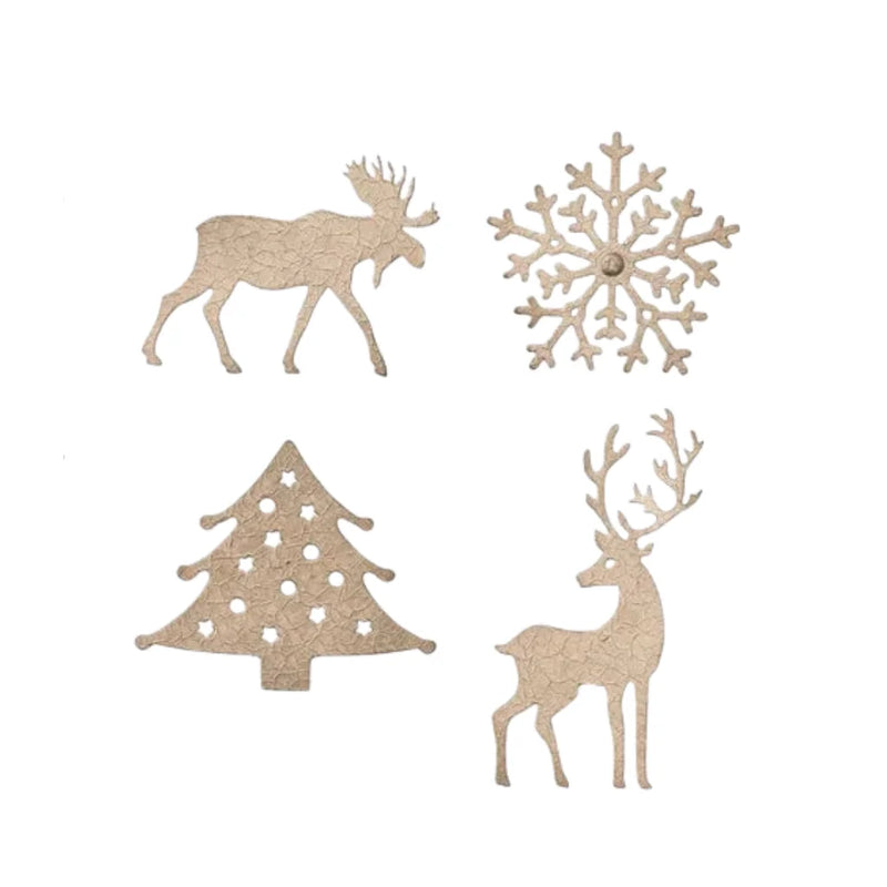 Textured gold metal holiday reindeer ornament set with snowflake designs