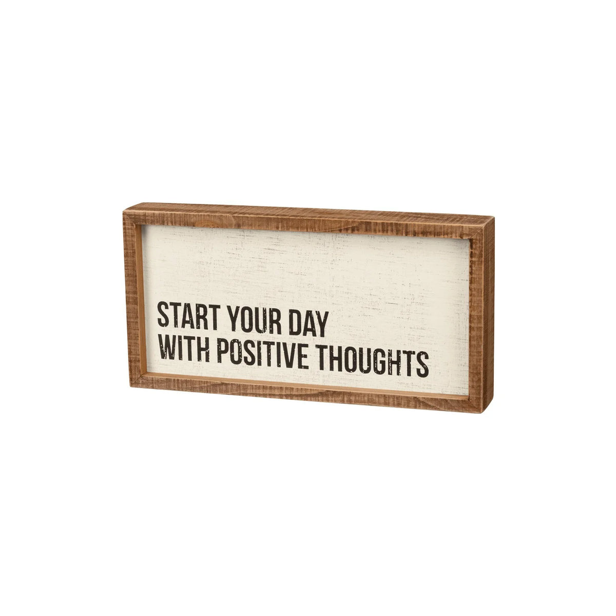 Wooden box sign displaying positive thoughts for a motivational day inset box