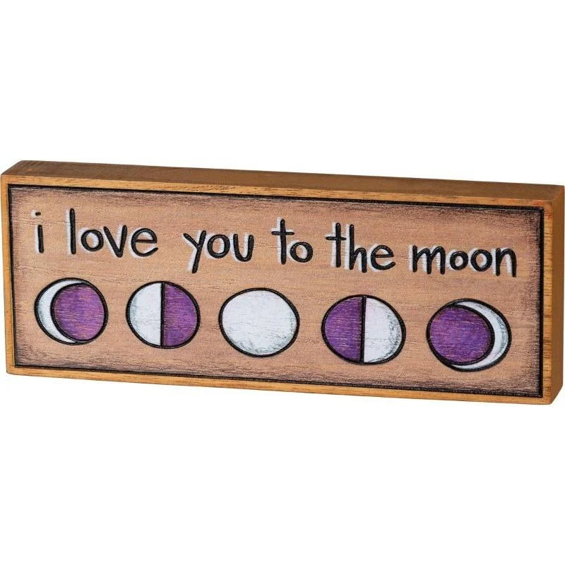 Wooden I LOVE YOU TO THE MOON SIGN featuring three phases of the moon sign for a cozy house feel