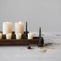 Rustic Bohemian Wood and Metal Serving Tray showcasing candles and candle snuffers