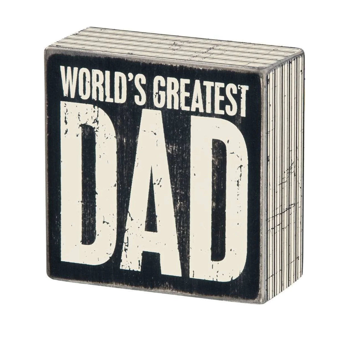 Wood block sign displaying World’s Greatest Dad in a stylish box sign design