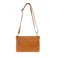 Tan woven bag with zip closure, part of the Quinn Woven Convertible Crossbody Clutch