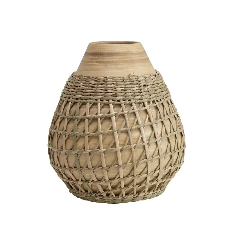 Woven bamboo vase with seagrass weave, perfect for women’s boho chic clothing decor