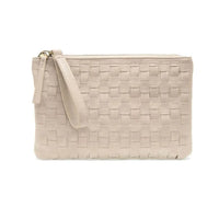 Beige Quinn Woven Convertible Crossbody Clutch with zip closure and removable wristlet strap