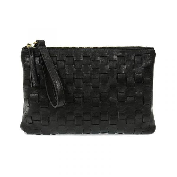 Black Quinn Woven Convertible Crossbody Clutch with zip closure and removable wristlet strap