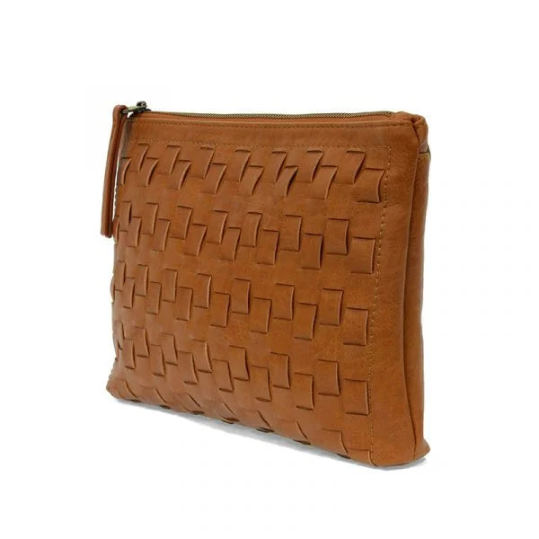 Tan Quinn Woven Convertible Crossbody Clutch with zip closure and removable wristlet strap