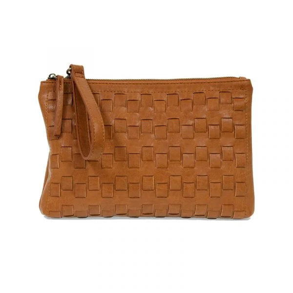 Woven Clutch in Tan featuring zip closure and removable wristlet strap in Vegan Leather