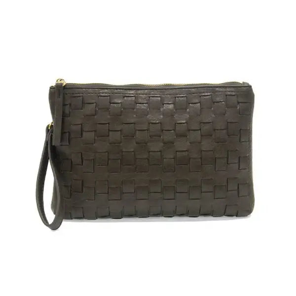 Woven tan leather clutch with wrist strap from QUINN WOVEN CONVERTIBLE CROSSBODY CLUTCH