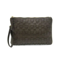 Woven tan leather clutch with wrist strap from QUINN WOVEN CONVERTIBLE CROSSBODY CLUTCH