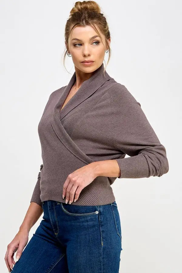 Wrap-style gray sweater with a shawl collar and soft mixed texture, three-quarter sleeves