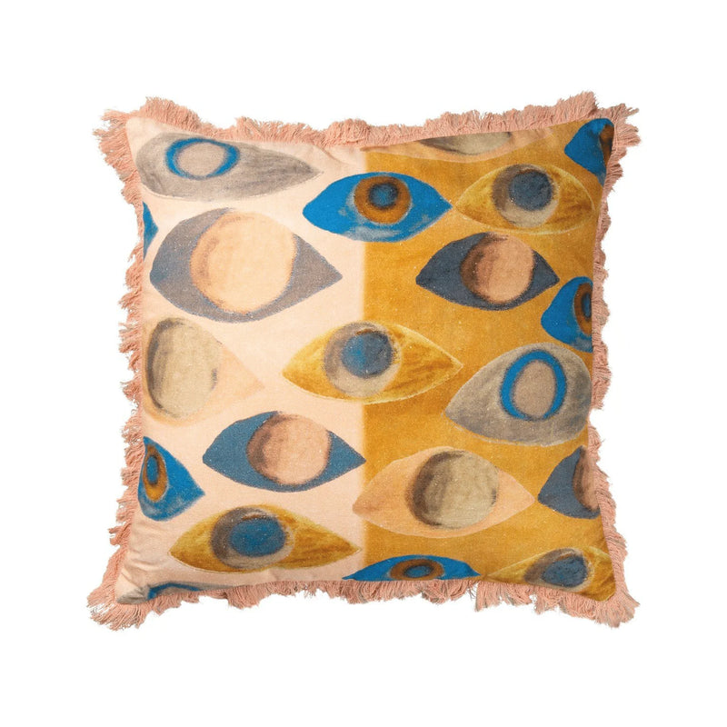 Yellow and blue COLORFUL EYES PILLOW with fringe details for vibrant decor