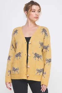 Yellow Soft Cat Print Cardigan featuring a stylish tiger print pattern