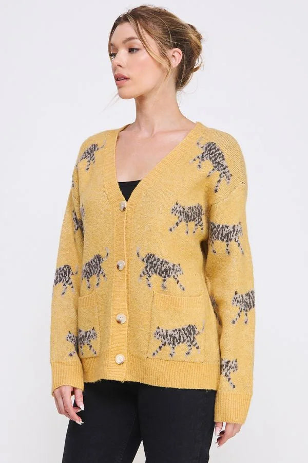 Yellow Soft Cat Print Cardigan featuring a stylish tiger print pattern