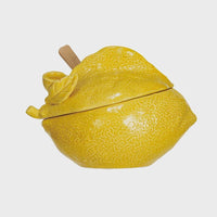 Yellow ceramic stoneware lemon shaped sugar pot with a wooden spoon for kitchen use