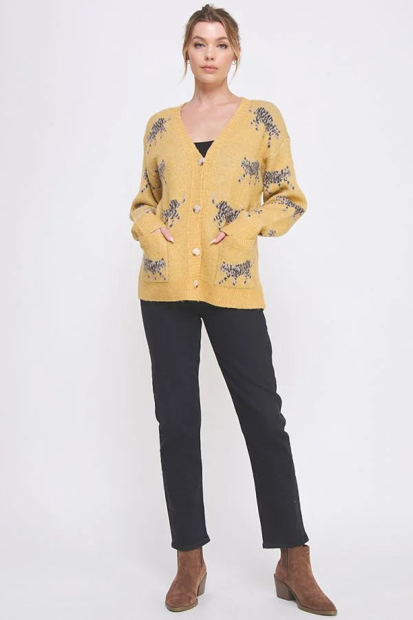 Yellow Soft Cat Print Cardigan featuring a stylish leopard print pattern