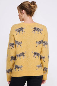 Yellow Soft Cat Print Cardigan featuring a pattern of blue tigers across the fabric