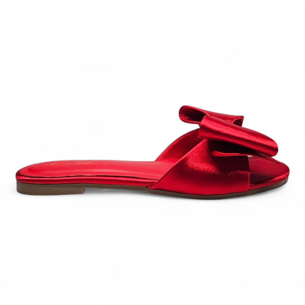 VIVIENNE RED OVERSIZED BOW SATIN SLIDE FLATS