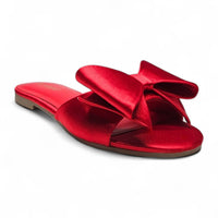 VIVIENNE RED OVERSIZED BOW SATIN SLIDE FLATS