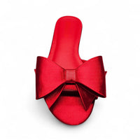 VIVIENNE RED OVERSIZED BOW SATIN SLIDE FLATS