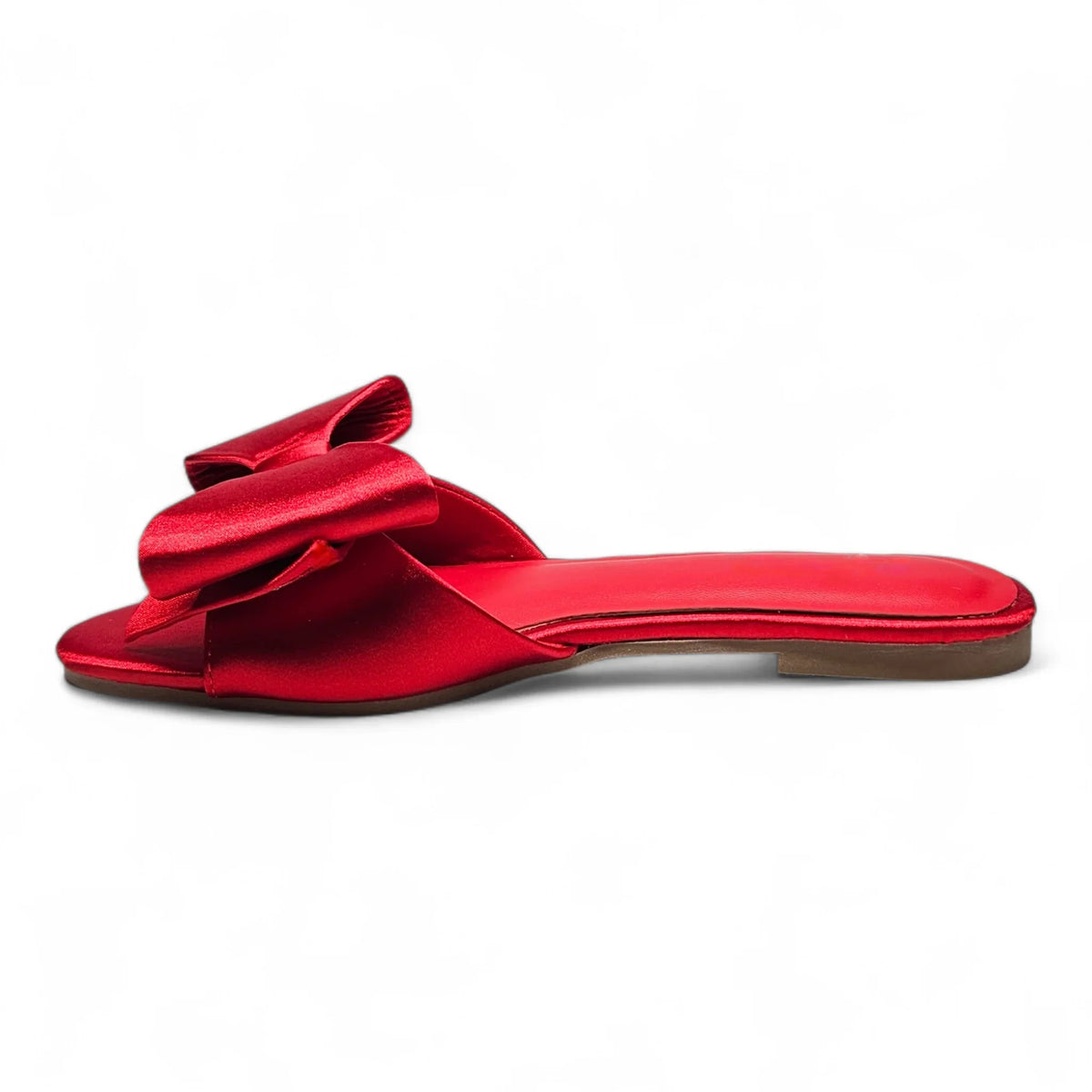VIVIENNE RED OVERSIZED BOW SATIN SLIDE FLATS