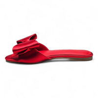 VIVIENNE RED OVERSIZED BOW SATIN SLIDE FLATS