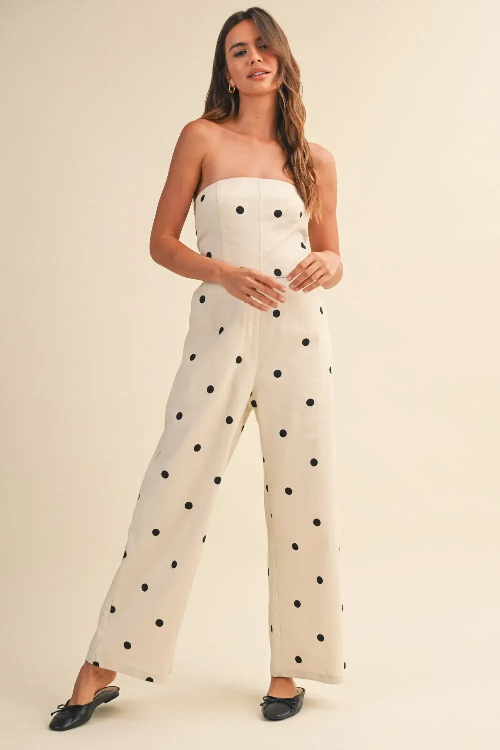 The jumpsuit that does it all: our polka dot strapless wide