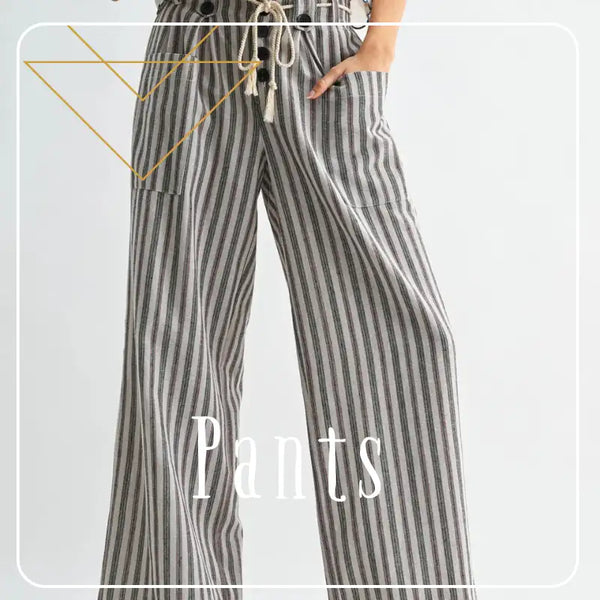 Wide-leg pants with vertical black and gray stripes, featuring a drawstring waistband with tassels.